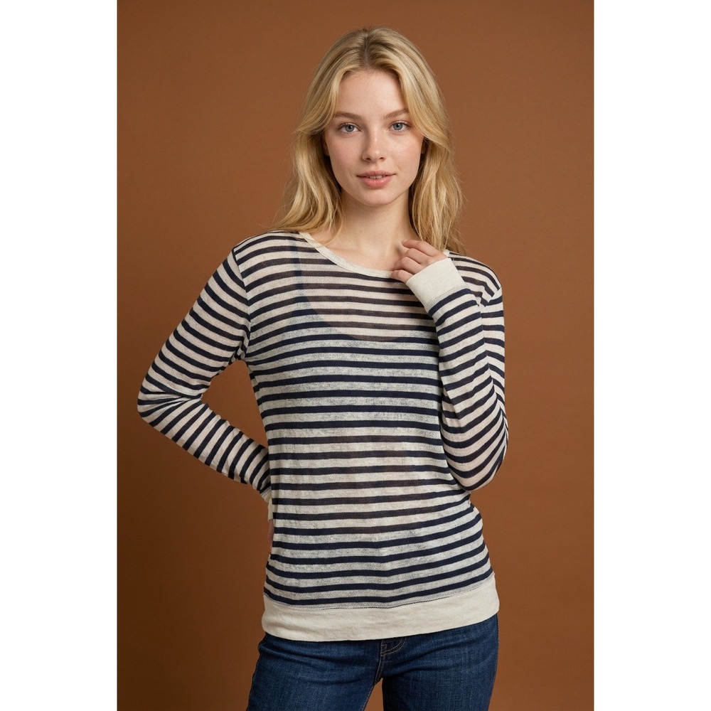T by Alexander Wang Striped Long Sleeve Top Navy Cream Sheer Slub Jersey Small